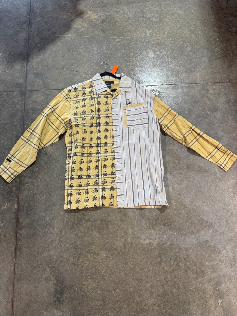VTG FUBU The Collection Asymmetrical Patchwork Button Up Shirt XXL Yellow Y2K